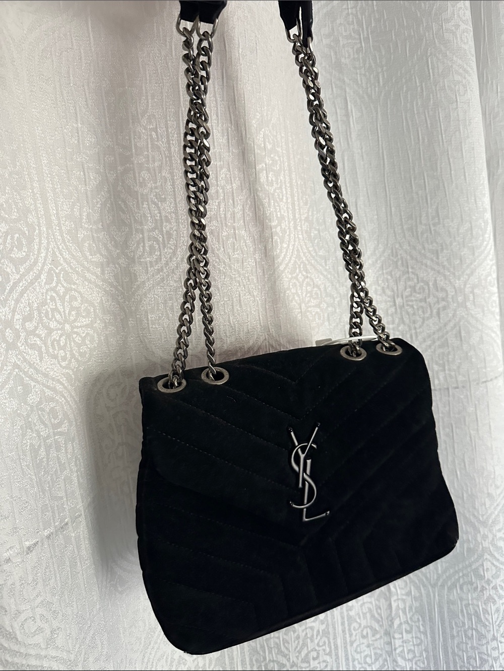 Saint Laurent Black Quilted Velvet Shoulder Bag with Silver Hardware